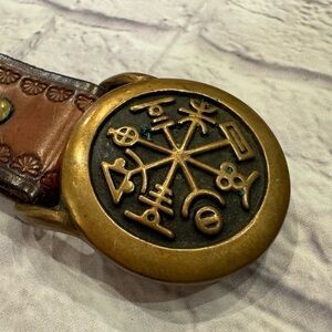 Rare Tech Ether Guild Rhumb TEG Brass 1970s Vintage Belt Buckle Leather Belt 42”